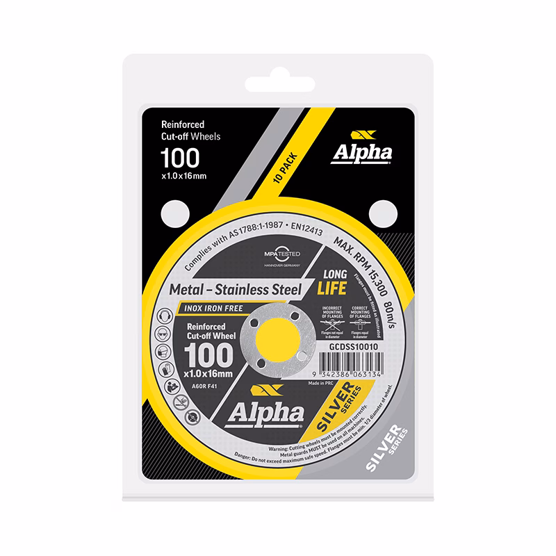 CGCDSS10010 - Alpha Tools Alpha reinforced cut-off wheels, 100 x 1.0 x 16 mm, 10-pack for metal and stainless steel (package image)