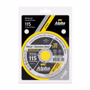 Blister-pack image of an Alpha reinforced cut-off wheel set, showing 115 (1.0 x 22.23 mm) with yellow and gray accents on a black label.