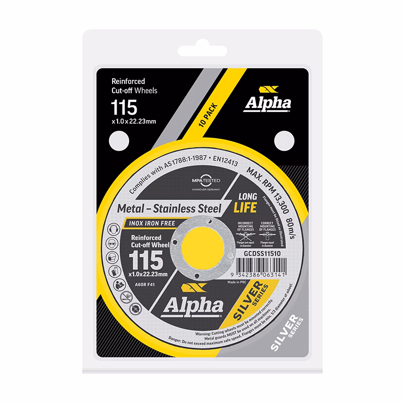 CGCDSS11510 - Alpha Tools Blister-pack image of an Alpha reinforced cut-off wheel set, showing 115 (1.0 x 22.23 mm) with yellow and gray accents on a black label.