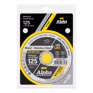Packaging for Alpha reinforced cut-off wheel, 125 x 1.0 x 22.23 mm, 10-pack; black/yellow design with a large wheel graphic and 'Metal – Stainless Steel' label.