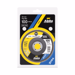 Packaging for Alpha Zirconia Flap Disc 100 x 16 mm (GRIT Z60) for metal grinding with yellow/blue design and logo visible