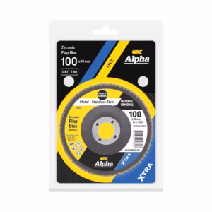 Zirconia flap disc in packaging showing 100 x 16 mm size and Alpha branding, for metal grinding