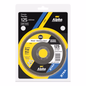 Package of Alpha Zirconia Flap Disc, 125 x 22.2 mm, XTRA, for metal/stainless steel grinding; RPM max 12,200 (visual product label)