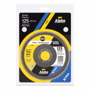 Alpha Zirconia flap disc, 125 x 22.2 mm, Grit Z40, in packaging for metal grinding