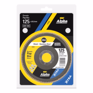 Alpha brand zirconia flap disc in packaging, 125 x 22.2 mm, Z60 grit, for metal grinding (yellow/black/blue packaging).