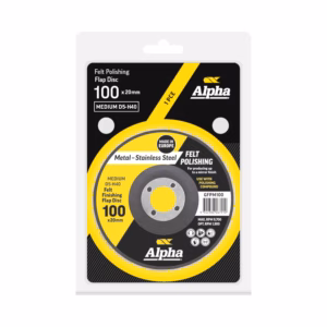 Alpha Felt Polishing Flap Disc, 100 x 20 mm, medium grade (D5-H40), made in Europe, shown in blister packaging
