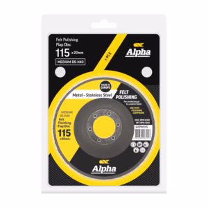 Disc-shaped felt polishing flap disc in blister pack with yellow and black labeling, 115 x 20 mm for metal/stainless steel finishing (Alpha brand).
