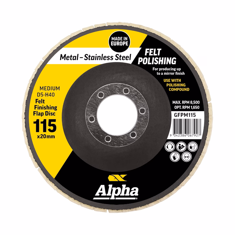 CGFPM115_3 - Alpha Tools Flap disc for metal polishing, 115 x 20 mm, Alpha brand with yellow/black label