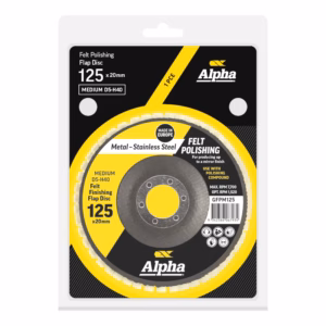 Alpha felt polishing flap disc for metal finishing, 125 mm diameter, 20 mm bore, medium grade D5–H40, shown in yellow/black packaging with 'Made in Europe' label.