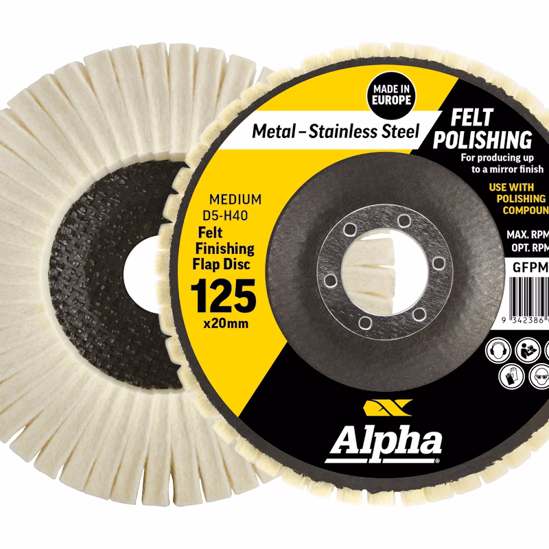CGFPM125_2 - Alpha Tools Pair of buffing/felting flap discs for metal polishing with yellow/black label; 125 x 20 mm, D5-H40, Alpha brand (Made in Europe).