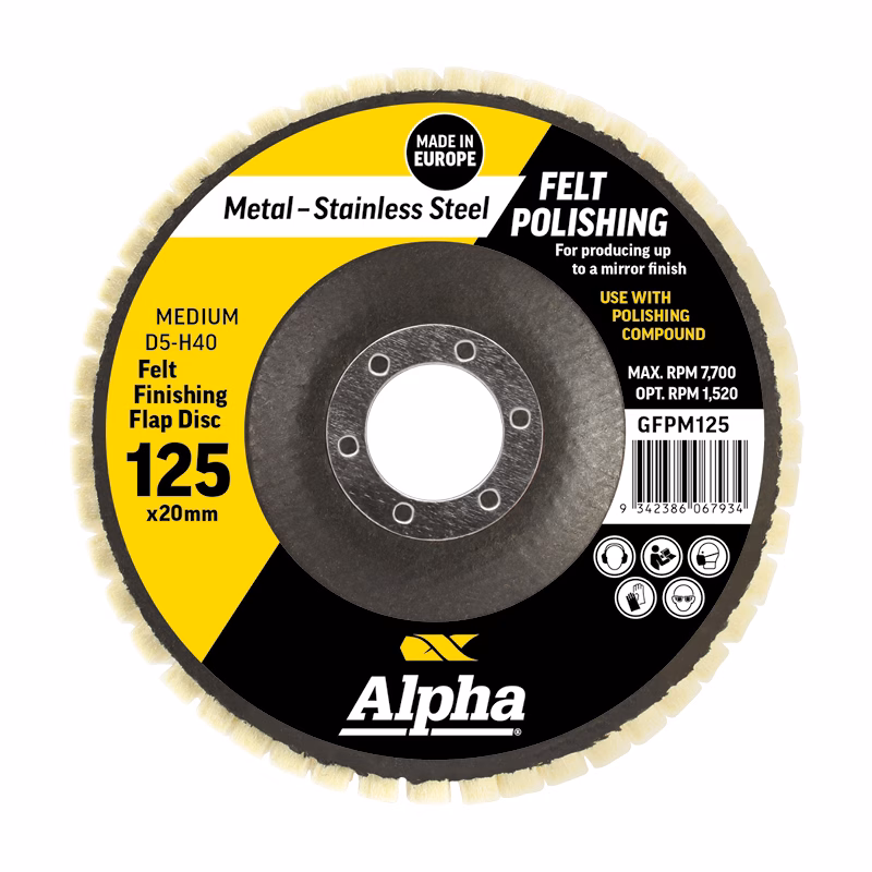 CGFPM125_3 - Alpha Tools Felt polishing flap disc for metal and stainless steel, 125 x 20 mm, medium grade, Alpha brand with yellow and black label
