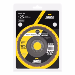 Hybrid disc grinding wheel in yellow and black packaging, 125 x 22.23 mm, Alpha brand, medium hardness, metal-stainless steel finishing disc