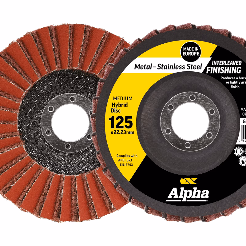 CGHFD125_2 - Alpha Tools Pair of Alpha metal-stainless steel hybrid finishing discs, 125 x 22.23 mm, with yellow/black label and red abrasive flaps