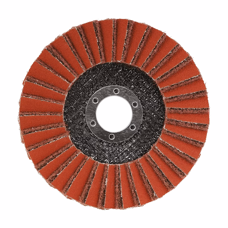 CGHFD125_4 - Alpha Tools Flap disc grinding wheel with red abrasive flaps and a central metal hub used for metal finishing and grinding.