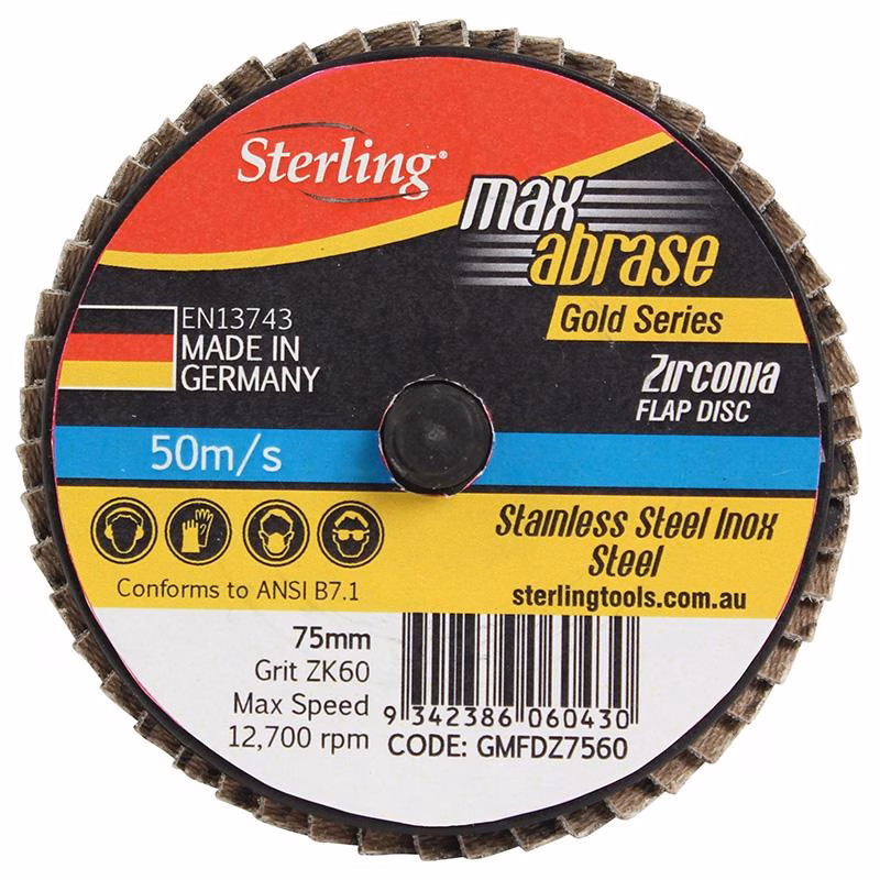 CGMFDZ5060_3 - Alpha Tools Sterling Max Abrase Gold Series zirconia flap disc label: 75mm, Grit ZK60, max speed 12,700 rpm, made in Germany.