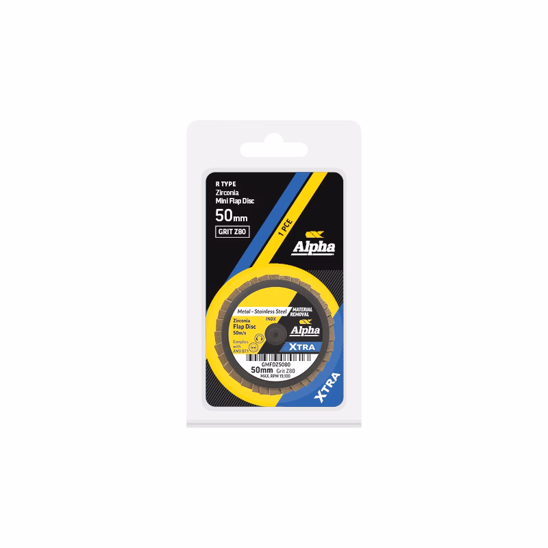 CGMFDZ5080 - Alpha Tools Alpha XTRA Zirconia mini flap disc in blister packaging, 50 mm, single piece for metal removal