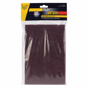 Two maroon Max Abrase non-woven hand pads in a clear bag for precision surface conditioning.