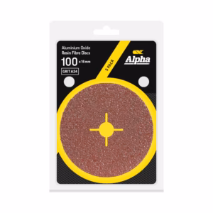 Front of Alpha 5-pack aluminium oxide resin fibre discs, 100 x 16 mm, on black and yellow packaging.