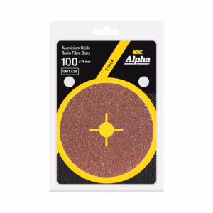 Pack of five 100x16 mm aluminum oxide resin fibre discs in black and yellow Alpha packaging, grit A36.