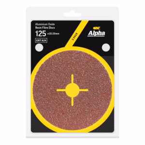 Five Alpha aluminium oxide resin fibre grinding discs in packaging; 125 × 22.23 mm, 5-pack.