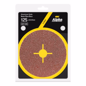 Packaged Alpha aluminum oxide resin fiber grinding discs; shows one brown abrasive disc with a yellow center/rim on a black label.