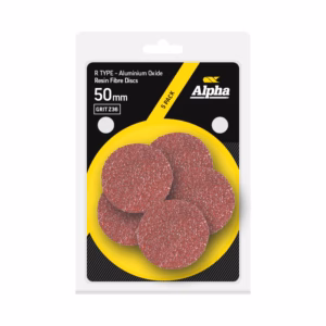 Product image of Alpha 50mm resin fibre discs, R TYP E, 5-pack, on yellow plate; abrasive grinding discs for tools (Aluminium Oxide).