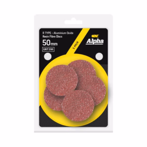Five 50 mm resin-fibre abrasive discs (R Type) in yellow tray on black Alpha packaging label