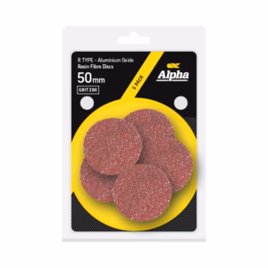 Product packaging for Alpha R TYPE aluminium oxide resin fibre discs, 50 mm, 5-pack, shown on a yellow circular dish with black label backdrop (informational image).