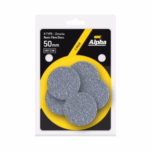 Package of Alpha R TYPE zirconia resin fiber discs, 50 mm, 5-pack, shown with yellow tray and grey discs ready for grinding.