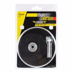 75 mm resin fibre abrasive disc with holder on blister-pack packaging labeled 'max abrase condor'