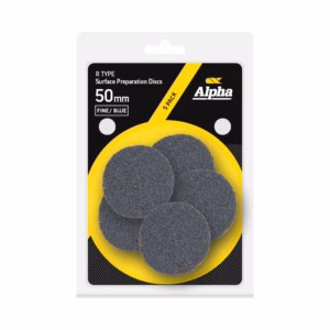 Alpha 50 mm fine/blue surface preparation discs, five-pack, shown in a yellow tray.