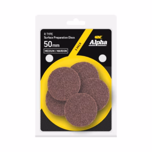 Package of Alpha R Type surface preparation discs, 50 mm, medium/maroon, 5-pack, displayed in a blister pack with a yellow tray behind the discs.