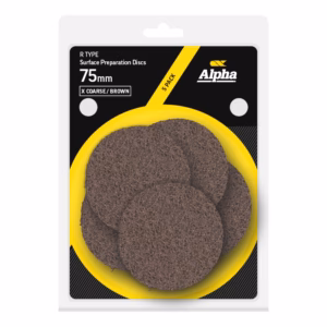 Five brown 75mm surface-preparation discs (X Coarse) in a yellow tray, part of a five-pack Alpha packaging