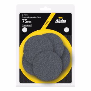 Five-pack of Alpha R Type 75mm surface preparation discs in a yellow tray on black packaging