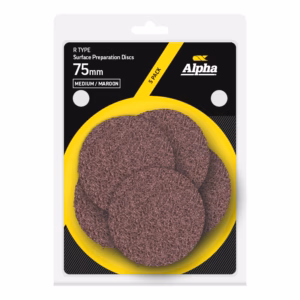 Five-pack of Alpha R Type 75mm medium/maroon surface preparation discs in a yellow tray on a black label background, shown in packaging.