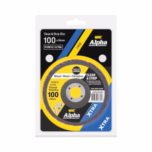 Packaging for Alpha XTRA Clean & Strip Disc, 100 x 16 mm, yellow/blue design with wheel-shaped abrasive disc. Made in Canada.