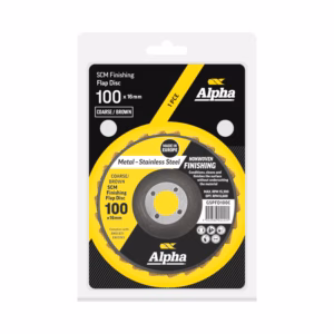 Packaging of Alpha SCM Finishing Flap Disc, 100 x 16 mm, coarse/brown for metal finishing.