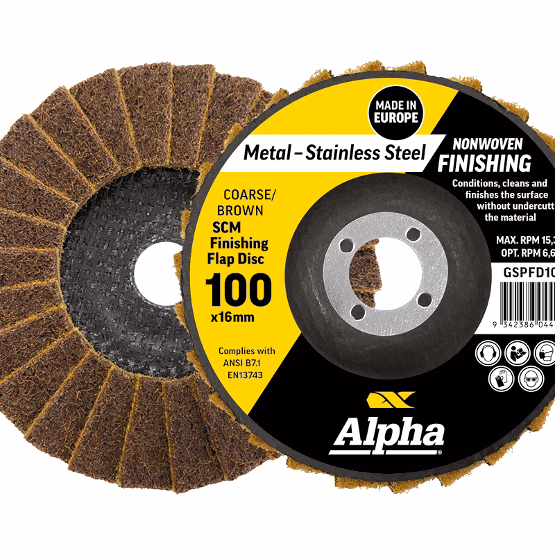 CGSPFD100C_2 - Alpha Tools Flap disc for metal finishing with brown abrasive flaps around a central hole; yellow/black label shows 'Metal–Stainless Steel', '100 x16mm', brand Alpha.