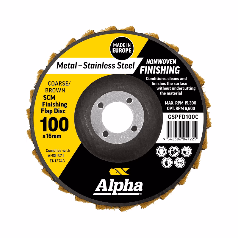 CGSPFD100C_3 - Alpha Tools A circular metal finishing grinding disc with yellow and black label, brand Alpha, 100 x16mm, for stainless steel finishing (nonwoven abrasive)