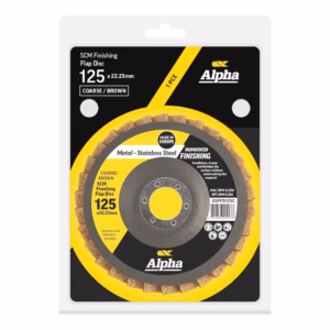 Alpha SCM finishing flap disc packaging, 125 x 22.23 mm, coarse/brown