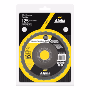 Alpha finishing flap disc in yellow/black packaging, 125 x 22.23 mm, fine/blue grit for metal finishing (SCM Finishing Flap Disc).
