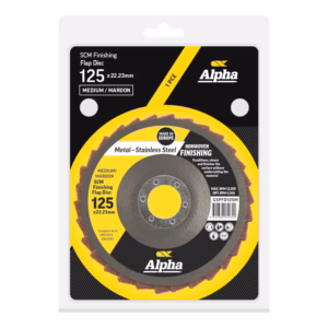 Alpha SCM Finishing Flap Disc in blister pack: 125 x 22.23 mm, Medium/Maroon, yellow and black packaging with Alpha logo.