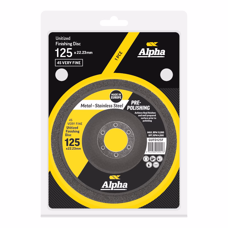 CGUFD125F - Alpha Tools Alpha finishing disc, 125 x 22.23 mm, 4S Very Fine, packaged for metal polishing (pre-polishing label visible).