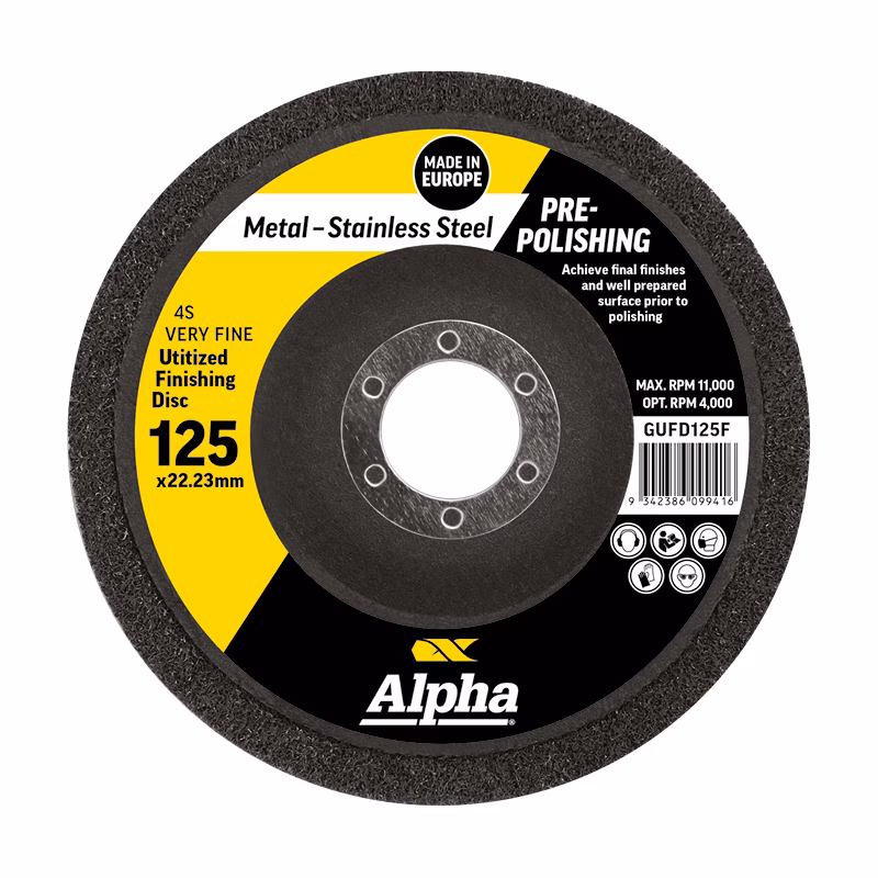 CGUFD125F_3 - Alpha Tools Alpha pre-polishing finishing disc for metal (stainless steel), 125 x 22.23 mm, very fine grit; yellow/black label with 'Made in Europe'