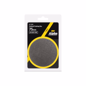 Alpha brand R Type finishing disc, 75 mm, very fine, shown in packaging with yellow ring graphic