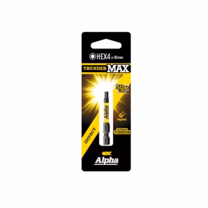 Alpha ThunderMAX impact hex bit, 4 x 50 mm, on black/yellow packaging with magnetic and extreme torsion labels