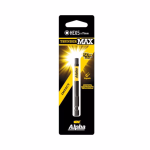 Alpha Thunder Max 5x75mm hex bit in black-yellow packaging; magnetic, impact-rated, with 50x life and extreme torsion labels.