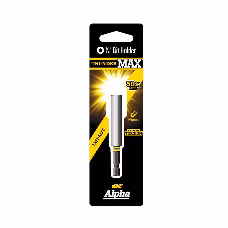 CMBHC75SM - Alpha Tools Package for Alpha ThunderMax 1/4" bit holder with yellow/black design, showing a silver bit holder and labels like Magnetic, 50x life, Impact.
