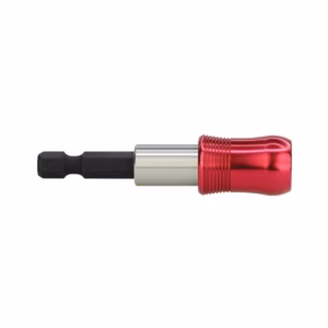Red anodized metal bit holder with a black hex screwdriver bit extending from a silver connector, shown in profile.