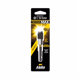 ThunderMAX 0.25" quick-release bit holder on black-yellow packaging, showing a magnetic, spring-loaded bit holder by Alpha